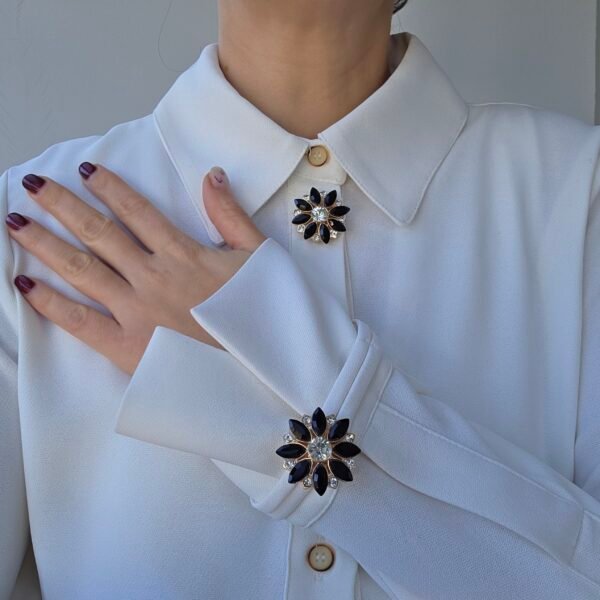 Siyah Çiçek Kol Düğmesi & Broş (2'li)